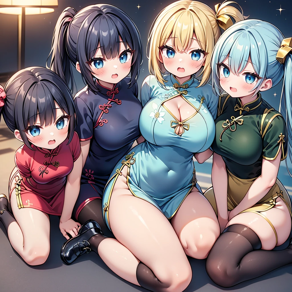highest quality,wonderful,finely,extremely detailed CG Unity 8K wallpaper, (Stand in line:1.2), (3 girls, cute eyes, ((blue short cheongsam dress:1.2), golden pattern cheongsam), Black Hair, side ponytail, clothed), (sparkling eyes:1.2), (huge breasts:1.2), (wariza:1.4), (cleavage), (open mouth:1.1), (long tongue:1.1), (mouth drool:1.1), (black stockings:1.1),(Thighs:1.2),(Waistline:1.1),(Waistline)