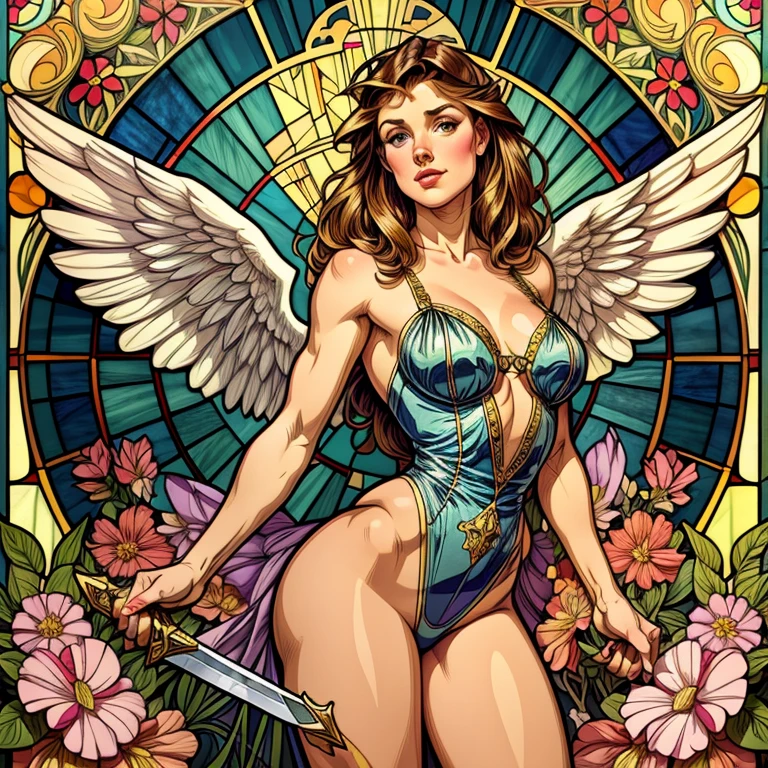 vetorial art style,Stained glass, beautiful vintage pinup woman,Hands at waist level holding one sword.open angel wings,alphonse mucha style,Intricate flowery background