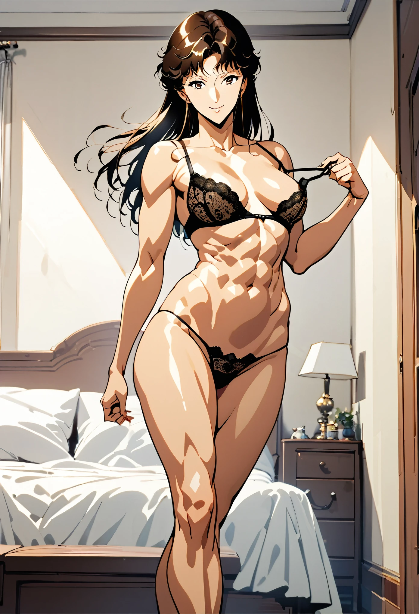 one  sexy girl 26 years old, hitomi kisugi,  black lace thong, standing tall and dominant, self confident ,smiling smug, superb, sensual, ((fit and trained body with well defined muscles)), posing , dark haired, strong, long legged , bedroom, teasing, extremely attractive, chiseled abdomen, (((removing her bra)))