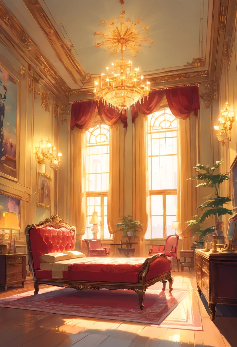 And now I felt a gentle push at the small of my back, and a tug at my hand, as if the room itself was inviting me in. “No--my shoes--” I began, but the push and the tug became firmer and I found myself stepping awkwardly across the threshold, onto the embroidered crimson velvet. The furniture was as grand as the room itself, carved and gilded and polished until it glowed in the sunlight streaming in the windows. There was an enormous bed on a dais, canopied in gold with a sheer white counterpane; the largest dressing-table I could imagine, covered with brushes and combs and cut-glass bottles of perfume and cosmetics; a writing-desk so elegant I could hardly imagine sitting at it; and rich golden velvet sofas and chairs scattered throughout the room, so that I could sit nearly anywhere if the mood suddenly struck me. I took another step into the room, my eyes wandering from the gorgeous walls to the magnificent furniture to the lofty ceiling hung with crystal chandeliers--the room was so large it needed five of them.