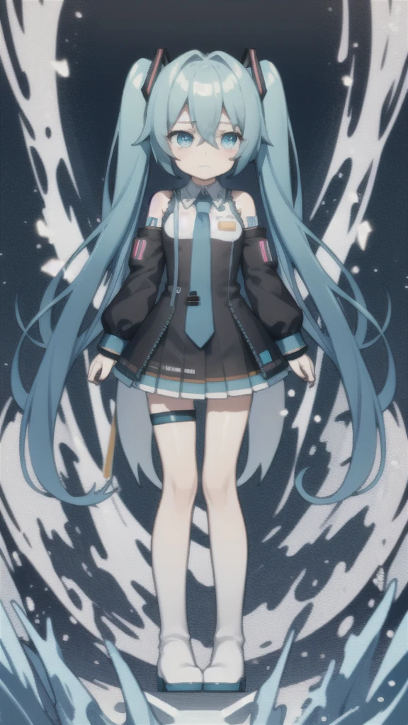 masterpiece, best quality, chibi, 1 girl,  miku, Hatsune Miku, (full body), simple background,rain,monochrome