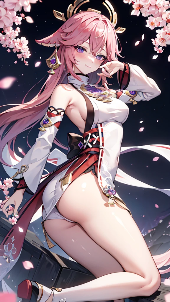 ((Masterpiece)), ((HD,)), ((aesthetic)), 《Yae Miko》, 《Genshin Impact》, aesththic background, cute face, blushing, smile, sexy pose, nice ass, medium breasts, nice breasts