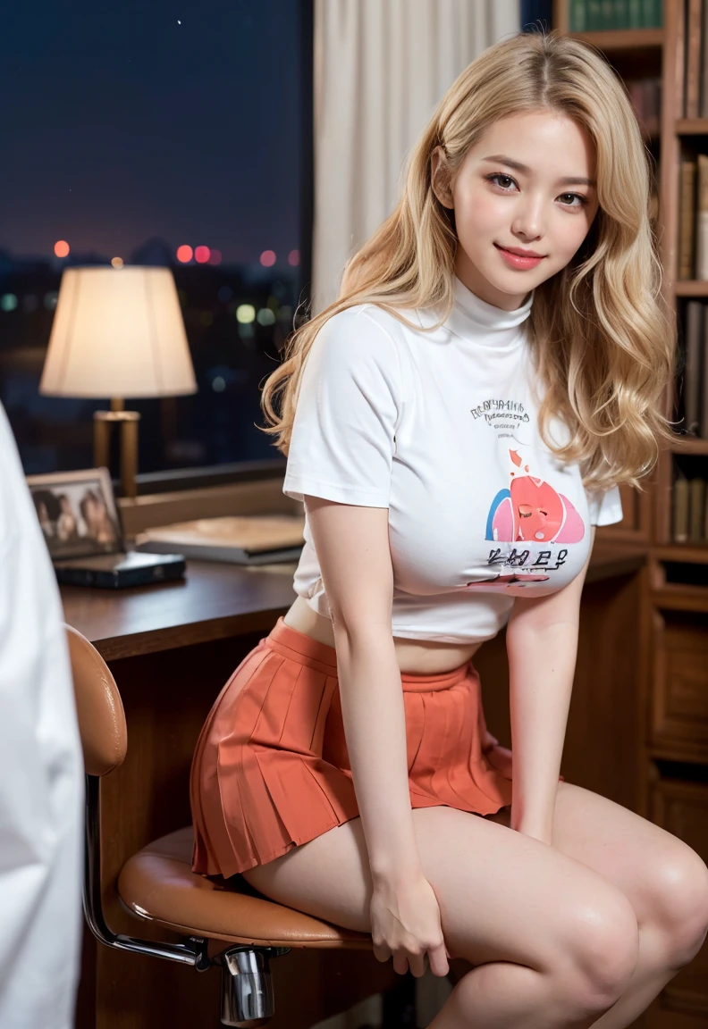 (((neat woman,Bright-eyed excitement,kind big smile,blush,blush,red cheek,please touch me,tempting viewer,i want you))),(((from below,looking down,all fours on the huge desk))),((((blush,red cheek)))),(cinematic lighting), (Photo real:1.4)、(A hyper-realistic:1.4)、(Photorealistic:1.3)、 (gentle lighting: 1.05)、(Improve the lighting quality of your video:0.9)、 32k、25years old woman、photorealistic lighting、Back lighting、Facial Lights、Ray Trace、(bright:1.2)、(Increase quality:1.4)、 (best quality real texture skin)、Fair eyes,delicate face、 Close-up of the face, ((Wearing the printed high-neck t-shirt,(no printed pleated skirt),high-heel),(Bodyline mood improvement:1.1)、Glossy skin、Korean Idol、Nogizaka Idol、good figure,perfect anatomy,Beautiful actress,(((beautiful large breasts,underboob,slender waist,slender hip,long slender legs,8heads tall))),(((8heads tall))),(((blonde wavy hair,curtain bangs))),(((in the beautiful modern office of library,super clean night view,in the night))),