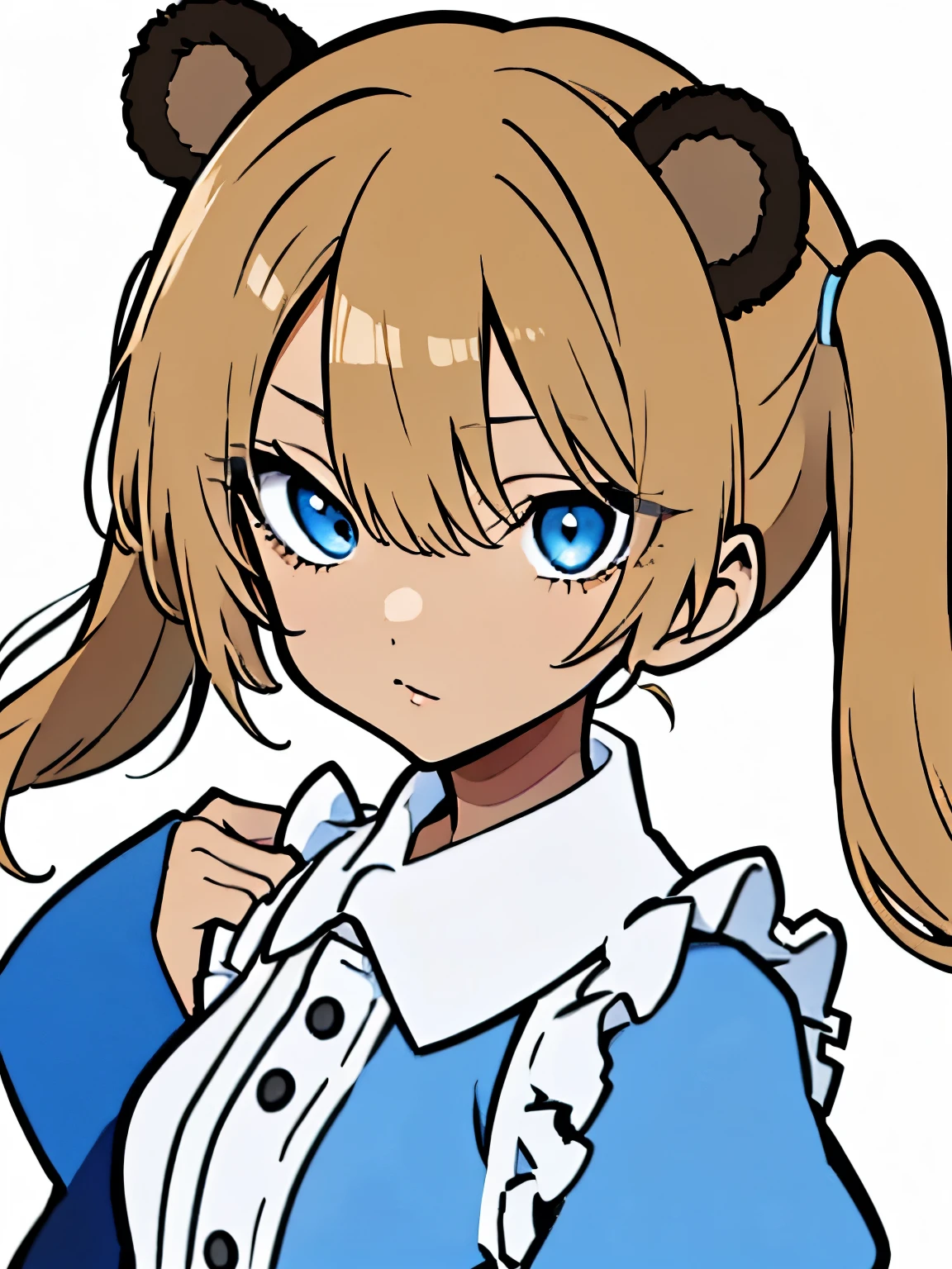 Highres, anime girl wearing a light blue jersey maid costume, has brown skin, white pigtails with bangs, white bear ears, cute, one blue eye, one yellow eye