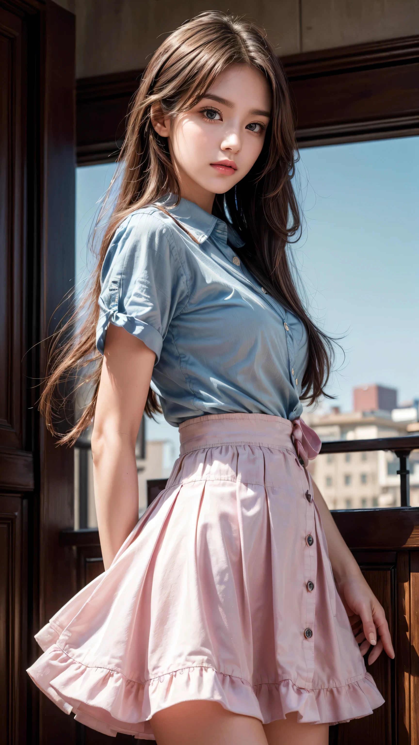 (detailed beautiful eyes and detailed face, masterpiece side light, masterpiece, best quality, detailed, High resolution illustrations), (1 girl, beautiful girl, Glowing skin, look down, Looking at the audience), ( Sky blue long hair, Pink Eyes, skirt, ribbon, Button-down shirts) 45 degrees, top view, sideways, (Hand details)