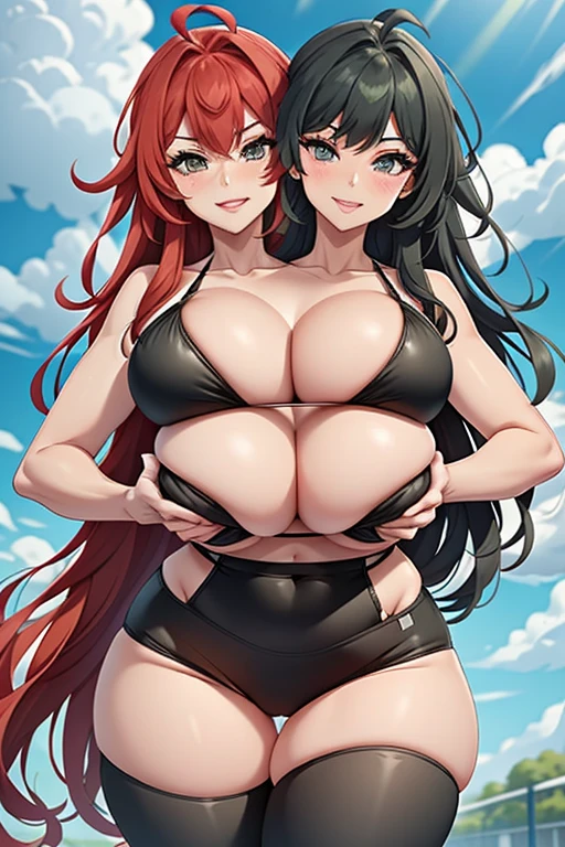 2 heads, a tall skinny woman with 2 heads. In a park on a sunny day. Wearing a tight bikini top, wearing ripped leggings. Gorgeous face. Cute. Happy. Smiling. Mature. Flirty. Goth. Long straight red hair. Touching breasts. Seductive. Thick thighs. Slutty. Girlfriend. 2 heads. Conjoined. Aroused. Horny. Big breasts. Thick eyeshadow. Massive breasts, huge fake breasts.