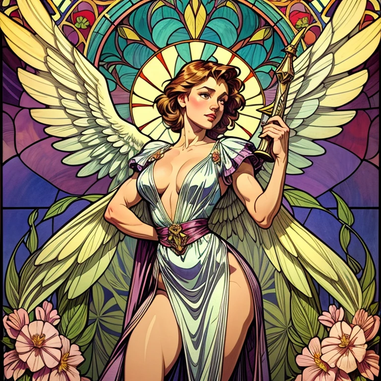 vetorial art style,Stained glass, beautiful vintage pinup woman,Hands at waist level holding one sword.open angel wings,alphonse mucha style,dynamic pode,Intricate flowery background