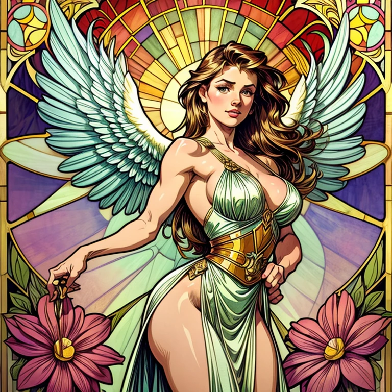 vetorial art style,Stained glass, beautiful vintage pinup woman,Hands at waist level holding one sword.open angel wings,alphonse mucha style,dynamic pode,Intricate flowery background
