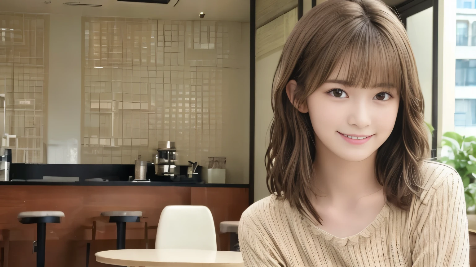 super high quality, Slender, Gravure photoshoot, The staff is working at the counter in the back., (8k、RAW Photos、highest quality、masterpiece:1.2), Japanese Idol, Brown Hair, Stylish café, The cafe is crowded with people enjoying themselves., (Realistic、Photorealistic:1.37), Mesh Hair, Golden Ratio, Raw photo, Cute face , Light Brown Hair, Small breasts, Blurred Background, Spring Clothes, Well-designed furniture, Loose Palmer, Beautiful hairstyle, Spoiled, Open Cafe, A kind smile, Hair blowing in the wind, Neat clothes, Berry Short, 18-year-old, 
