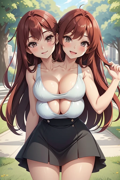 2 heads, a short skinny woman with 2 heads. In a park on a sunny day. Wearing a short sundress. Gorgeous face. Cute. Happy. Smiling. Young. Flirty. Goth. Long straight red hair. Touching breasts. Seductive. Thick thighs. Slutty. 2 heads. Conjoined. Aroused. Horny.