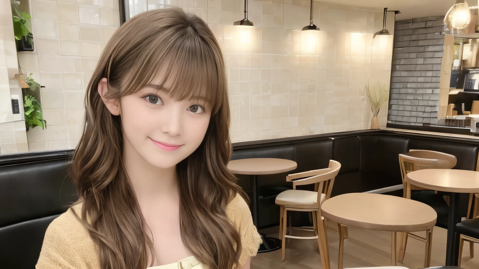 super high quality, Slender, Gravure photoshoot, The staff is working at the counter in the back., (8k、RAW Photos、highest quality、masterpiece:1.2), Japanese Idol, Brown Hair, Stylish café, The cafe is crowded with people enjoying themselves., (Realistic、Photorealistic:1.37), Mesh Hair, Golden Ratio, Raw photo, Cute face , Light Brown Hair, Small breasts, Blurred Background, Spring Clothes, Well-designed furniture, Loose Palmer, Beautiful hairstyle, Spoiled, Open Cafe, A kind smile, Hair blowing in the wind, Neat clothes, Berry Short, 18-year-old, 
