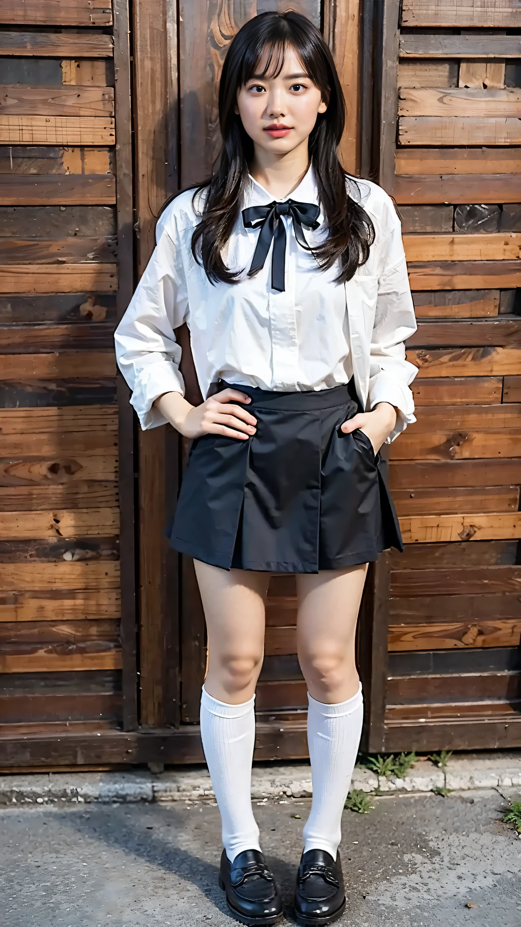 (8k、RAW Photos、highest quality、masterpiece:1.2)、(Realistic、Realistic)、1 girl、((Schoolgirl uniform、Check mini skirt、blazer、Navy blue socks、loafers、Big Breasts、View from the front、Knee socks、Stand with hands on hips、In the city))、