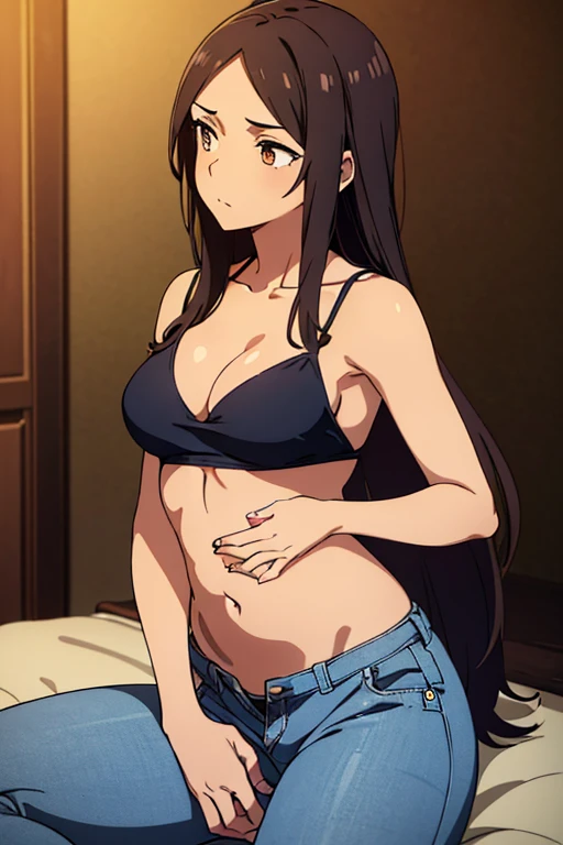 ((best quality)), ((masterpiece)), (detailed), perfect face, brown skin anime girl in a deep V Neck crossover spaghetti strap backless cami top, (jeans trousers), famished in hunger, (gently resting hands on stomach), (long hair), (hands on her stomach)