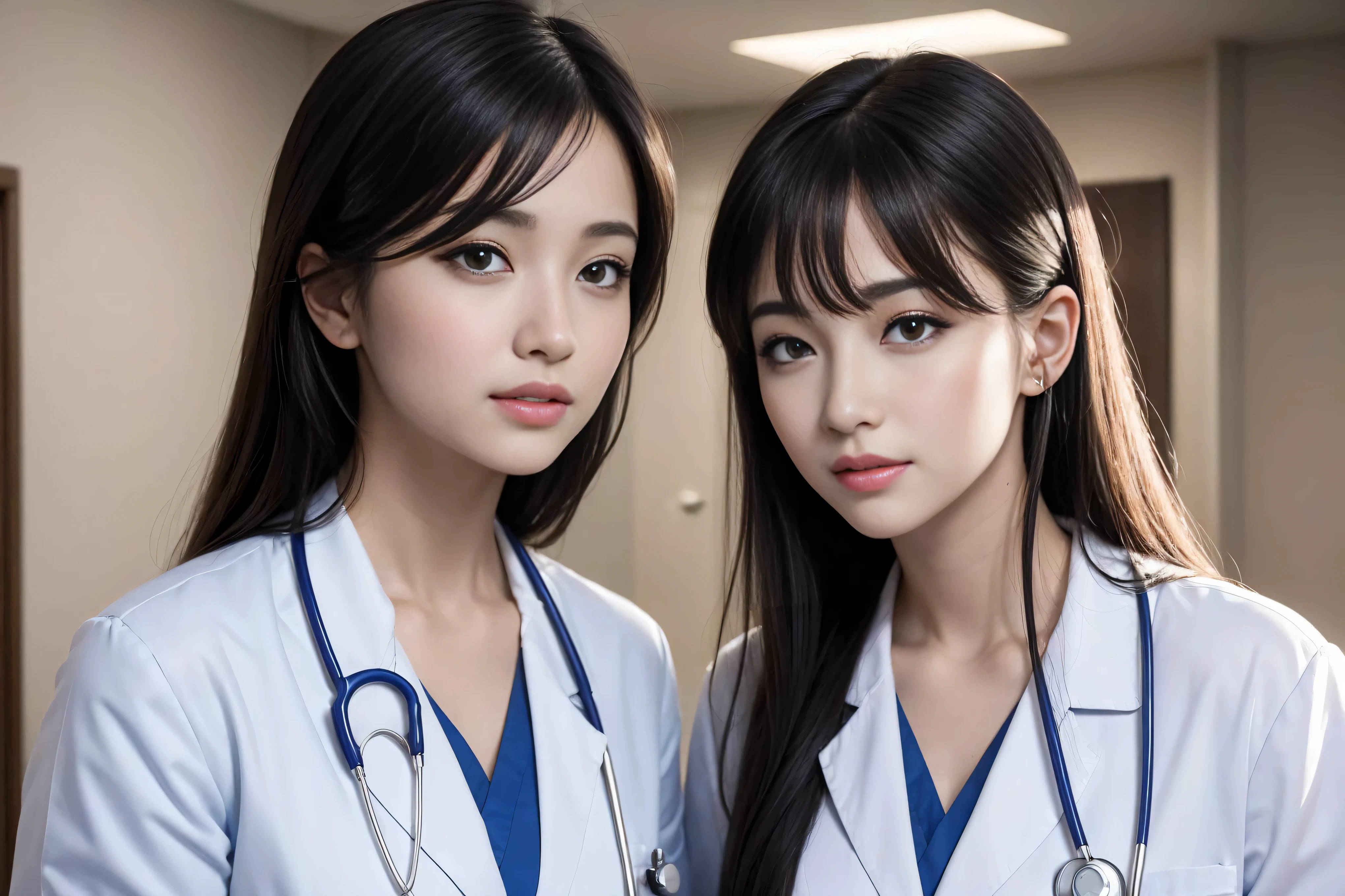 Realistic beautiful doctor、Stunningly beautiful、Doctor's white coat, Collared shirt、(Top quality、8K、32K、masterpiece、North African Trade Zone:1.3)、Ultra-high resolution,(Reality:1.4),Original Photography, Detailed face,,Beautiful hair, ((Doctor style)),,((Leg length)), (Thigh gap:1.5), , Black tight skirt、 Natural Makeup,, Big plump breasts、In the hospital, Detailed background, Perfect lighting, Depth of Field, Beautiful shadow gradient,Stethoscope ,