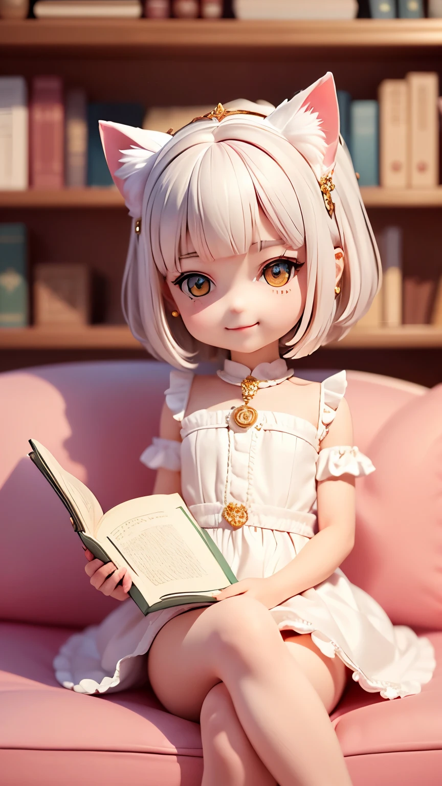 (masterpiece),(highest quality),(Very detailed), (whole body:1.2), One girl,,,cute, smile, white bob haircut,Cat ear, Golden Eyes, Earrings, White ruffled dress, (Sitting facing forward on a pink sofa),smile, Behind the sofa is a large bookshelf.、There are many books on the bookshelf, (Beautifully detailed face), (Beautiful fine details),