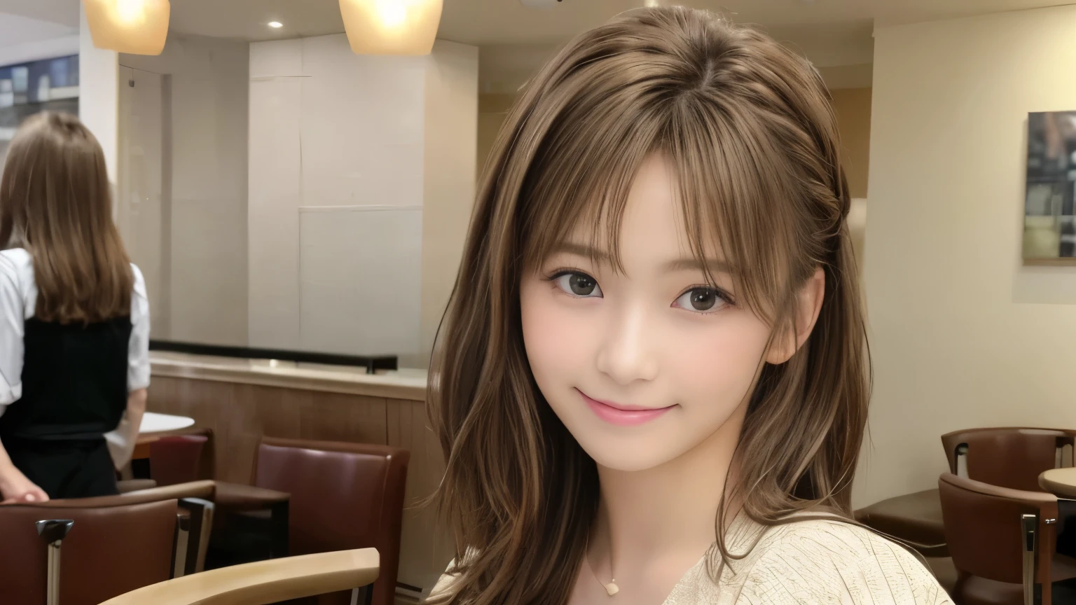 super high quality, Slender, Gravure photoshoot, The staff is working at the counter in the back., (8k、RAW Photos、highest quality、masterpiece:1.2), Japanese Idol, Brown Hair, Stylish café, The cafe is crowded with people enjoying themselves., (Realistic、Photorealistic:1.37), Mesh Hair, Golden Ratio, Raw photo, Cute face , Light Brown Hair, Small breasts, Blurred Background, Spring Clothes, Well-designed furniture, Loose Palmer, Beautiful hairstyle, Spoiled, Open Cafe, A kind smile, Hair blowing in the wind, Neat clothes, Berry Short, 18-year-old, 
