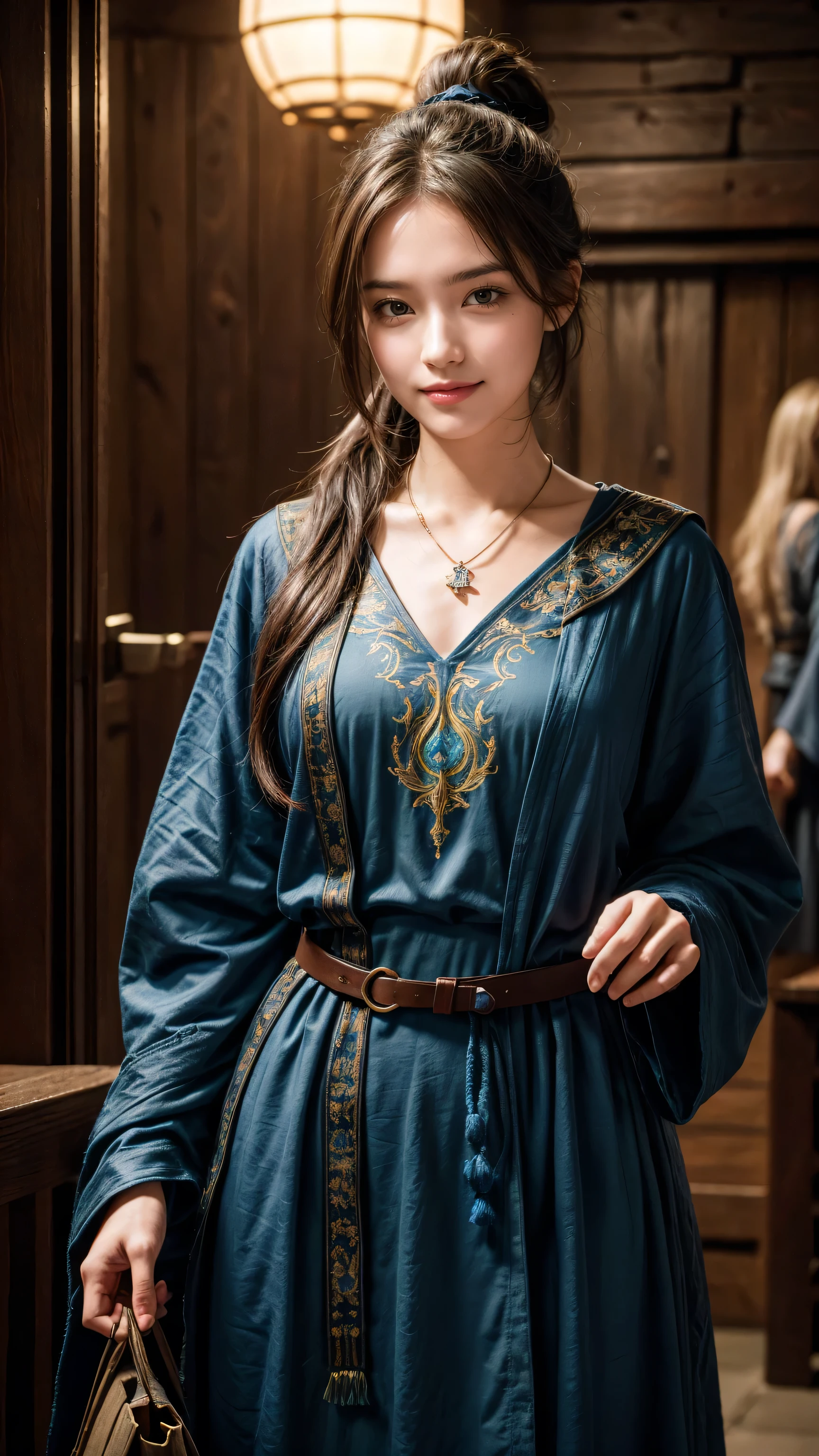 Color portrait illustration, (attractive female as a wizard, Ponytail, Wear_long_flow_blue_intricately_embroidered_wizard_robe), (necklace, Bags, belt, Smile, Very detailed face, masterpiece, best quality), Very detailed, (In the dungeon), Mage_gorgeous, (Large glowing rune circle), Fire and Ice, Casting a Spell, Ultra-high resolution, author：Alexandre Calame、Alyssa Monks and Shigeru Ban