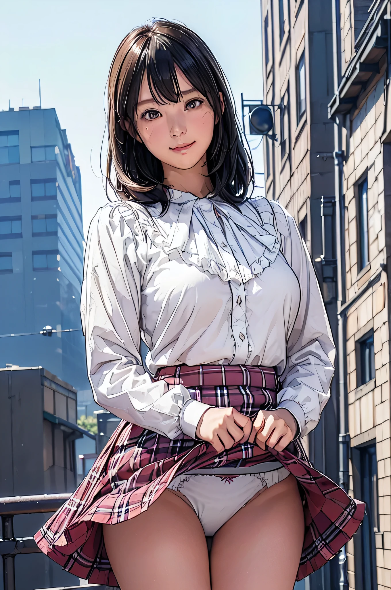 Very cute and beautiful girl、(Very detailedな美しい顔と目: 1.2)、(smile)、blush、Cowboy Shots、(White blouse with detailed ruffles)、Long Sleeve BREAK Standing、(Skirt lifted、White panties:1.5)、Dynamic Angle、Hair Ribbon、Black Hair、(Scarlet plaid mini skirt) 、Big city streets、break、Between buildings、crowd、(highest quality、masterpiece:1.2)、Disorganized、High resolution、Super detailed、Very detailed、32k、8k resolution、Intricate detailovie scenes、Detailed Background、solo、Dynamic Angle、