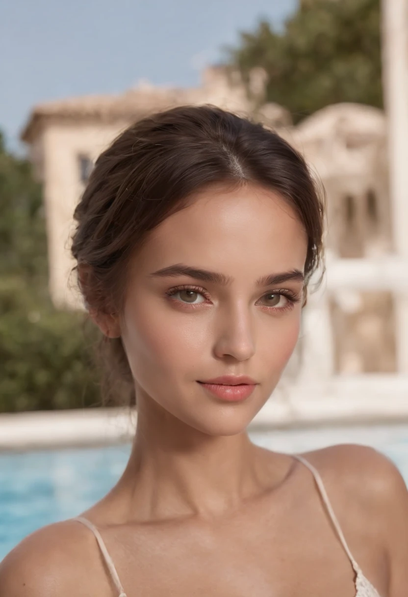 ((tanned skin'italienne, Jolie adolescente italienne de 21 ans)), ((Its beauty is undeniable)), ((Excited cute face)), ((Hyper detailed dark eyes,)), ((pose mignonne)), sexy, nue, (( cheveux longs noirs,)), (( peau)), ((assis, side view)), ((assis dans une pose sexy)), next to a pool , Synthetic image with sharp focus, photorealistic, high detail, Realistic, Apparent facial defects, taupes, best quality, HDR, high quality, HD, extremely detailed, Fond d'8k screen, intricate details, 8k euh, Full HD, (photo realistic:1.2), contraste, lighting doux, cinematic'lighting, lighting naturel, Soft light, Contre-Jour, global lighting, occlusion ambiante, its huge 3.0