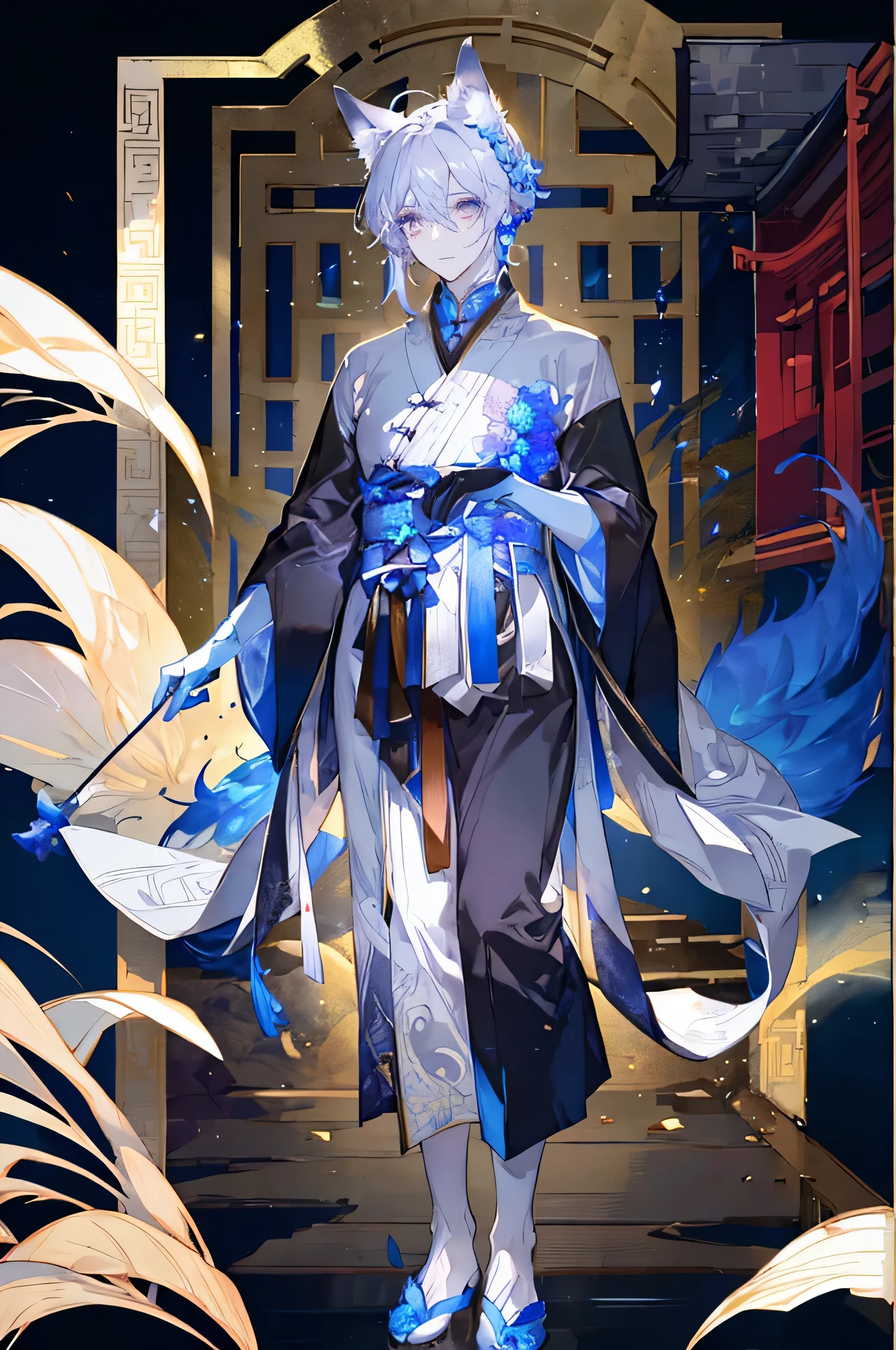 whole body、full body、toe、handsome、male、masterpiece、(Photorealistic:1.5)、highest quality、Beautiful lighting、Real Life、Hired \(The original god\)、1 male 、Ahoge、Architectural、Bans、Exposing shoulders、White Pantyhose、(Blue Hair)、blush, Chinese knot, Detachable sleeve, East Asia Architecture of East Asia, Flower knot, gloves, Banya, View your viewers, night, outside of home, Purple eyes,Beautiful eyes、Detailed eyes、 Side Lock, solo, Tassel, White sleeves、(Ulzzang-6500:0.5) 、Complex、Attention to detail、Sharp focus、dramatic、Beautiful Boys、(RAW Photos、8K Ultra HD、Film Grain)、Caustics、Scattered beneath the surface、Reflective plate、Silver Hair、Fox Ears、Fox's Tail、Wearing headphones、smile、open mouth、White kimono、Japanese clothing、Haori、White background、simple background