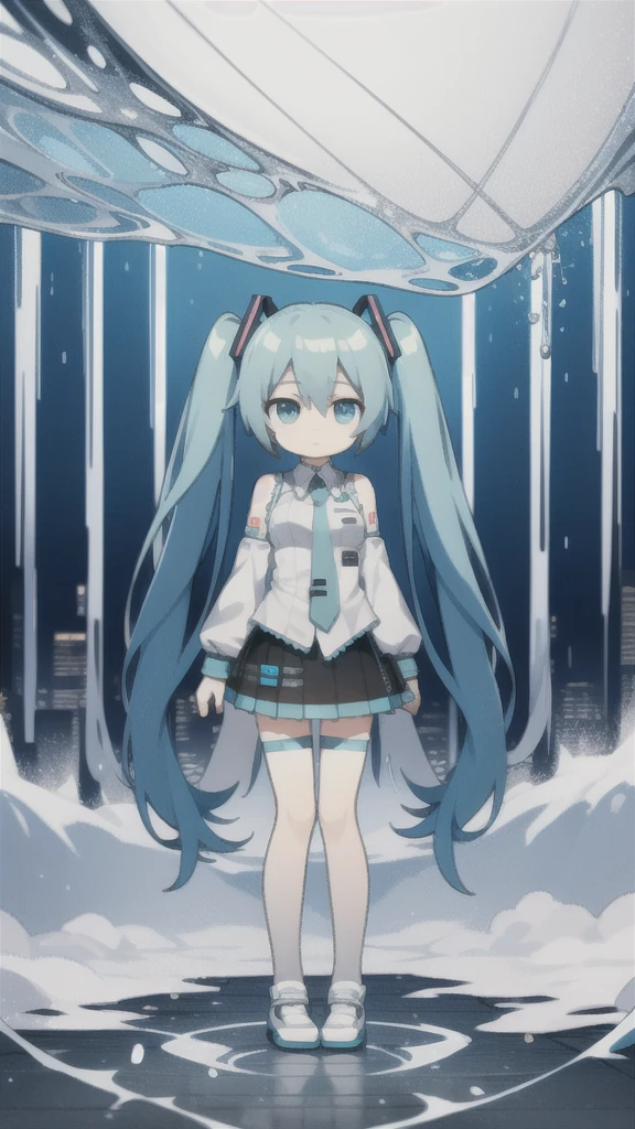 best quality, chibi, 1 girl,  miku, Hatsune Miku, (full body), Pure white background,Vivid,clearly,sad face,rain