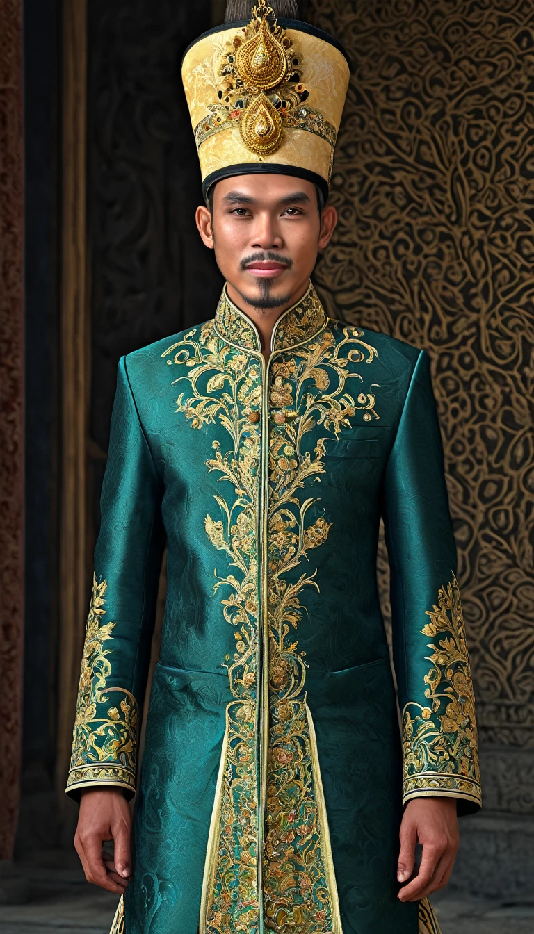 1 man, full body, prince from the kingdom of Cirebon, with a graceful and dignified look, ethnic Sundanese, ancient Javanese, masterpiece, best quality, (face detail, ayes detail, skin texture detail, ultra body detail), realistic, 4k texture, HDR, best 8k, amazing detail, intricate detail, very detailed, very high quality, amazing detail, very detailed, soft cinematic light