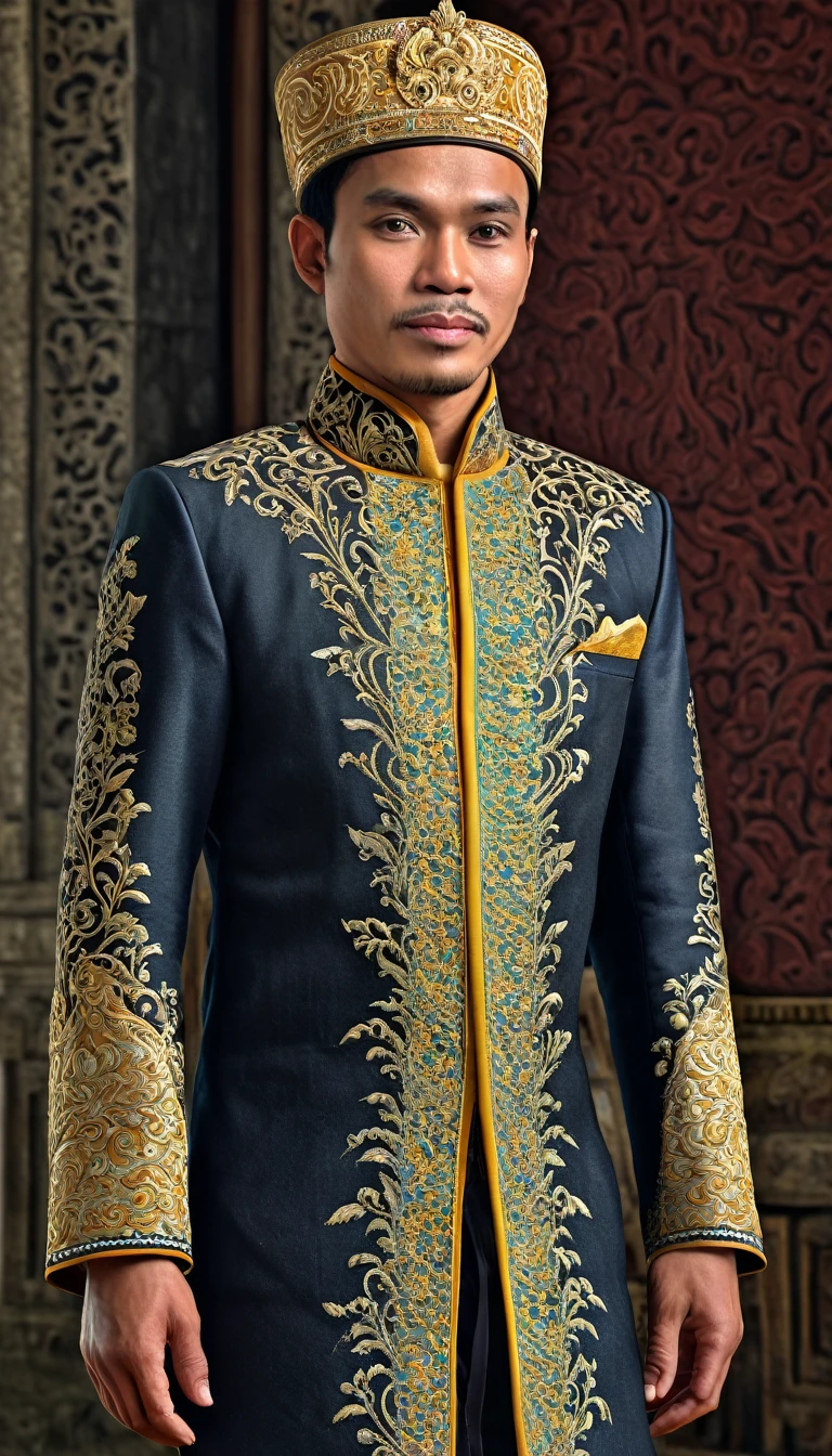 1 man, full body, prince from the kingdom of Cirebon, with a graceful and dignified look, ethnic Sundanese, ancient Javanese, masterpiece, best quality, (face detail, ayes detail, skin texture detail, ultra body detail), realistic, 4k texture, HDR, best 8k, amazing detail, intricate detail, very detailed, very high quality, amazing detail, very detailed, soft cinematic light