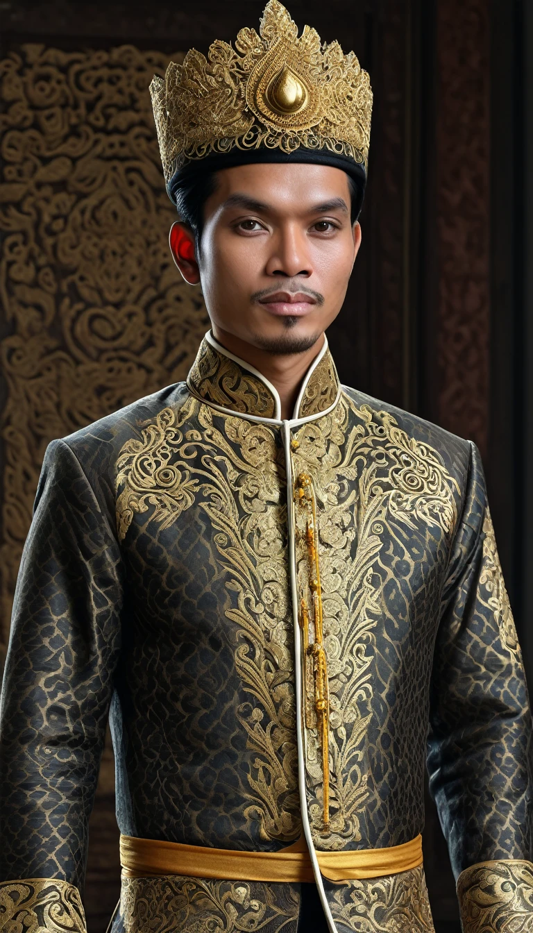 1 man, full body, prince from the kingdom of Cirebon, with a graceful and dignified look, ethnic Sundanese, ancient Javanese, masterpiece, best quality, (face detail, ayes detail, skin texture detail, ultra body detail), realistic, 4k texture, HDR, best 8k, amazing detail, intricate detail, very detailed, very high quality, amazing detail, very detailed, soft cinematic light