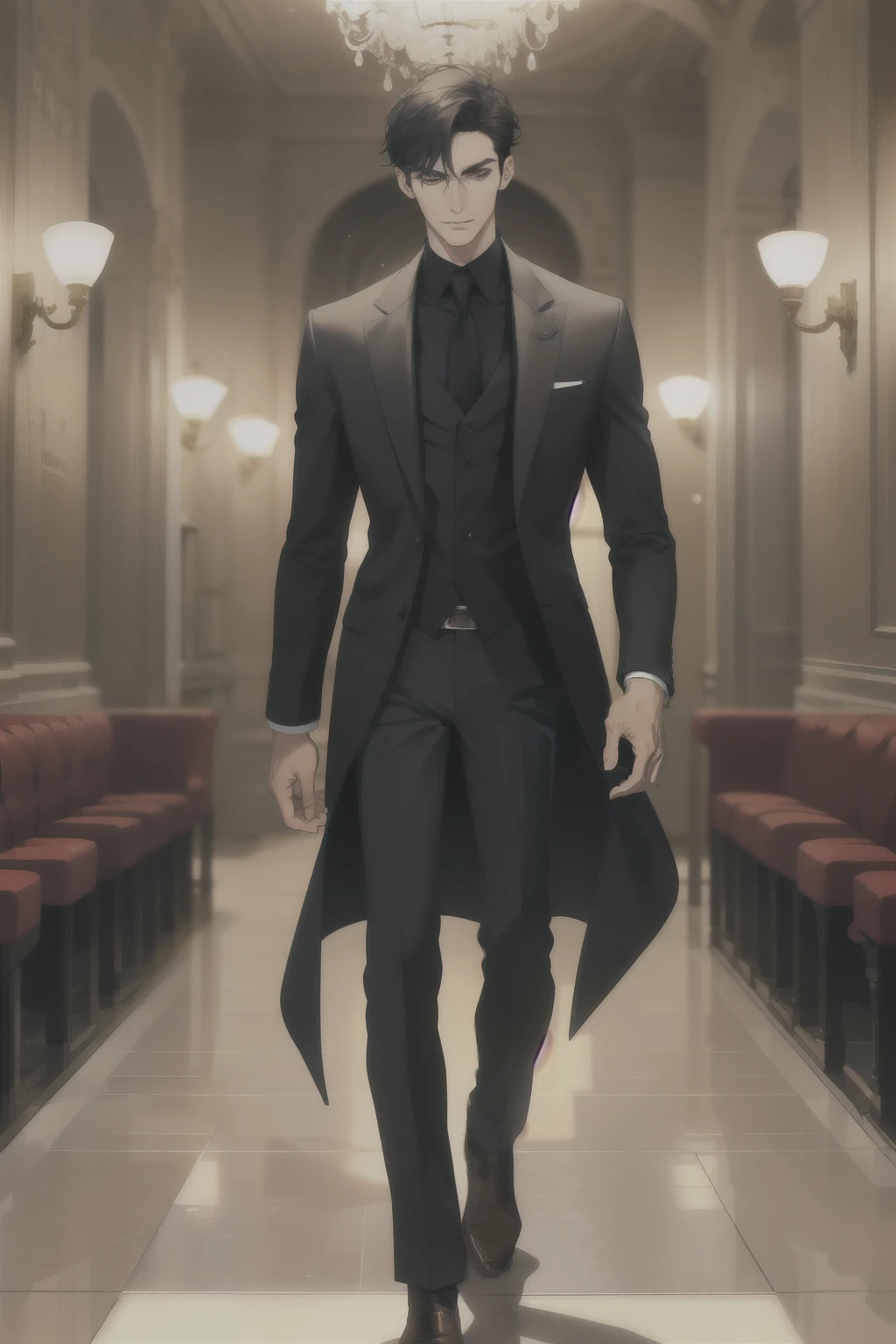 The male protagonist is a tall figure with high cheekbones, his face is graceful, his facial features are three-dimensional, his lips are red and his teeth are white, and his expression is confident and gentle. The lights are shining and the rhythm is cheerful, but he is calm and calm. He walked to the bar with a steady walk, his brows slightly furrowed, and sniffed the rose vase next to him with his nose. He looked very tasteful, and the people at the scene stopped to observe him. He gives those around him an indescribable temperament, with a dazed deep but confident glow. (Masterpiece), (Best Quality) (Super Fine), (Coiled Hair), (Illustration), (1 Boy), (Long Shot) (Full Body), Standing, Fashion Model, Looking at the Audience, Beautiful and Delicate Eyes, Delicate Beauty,