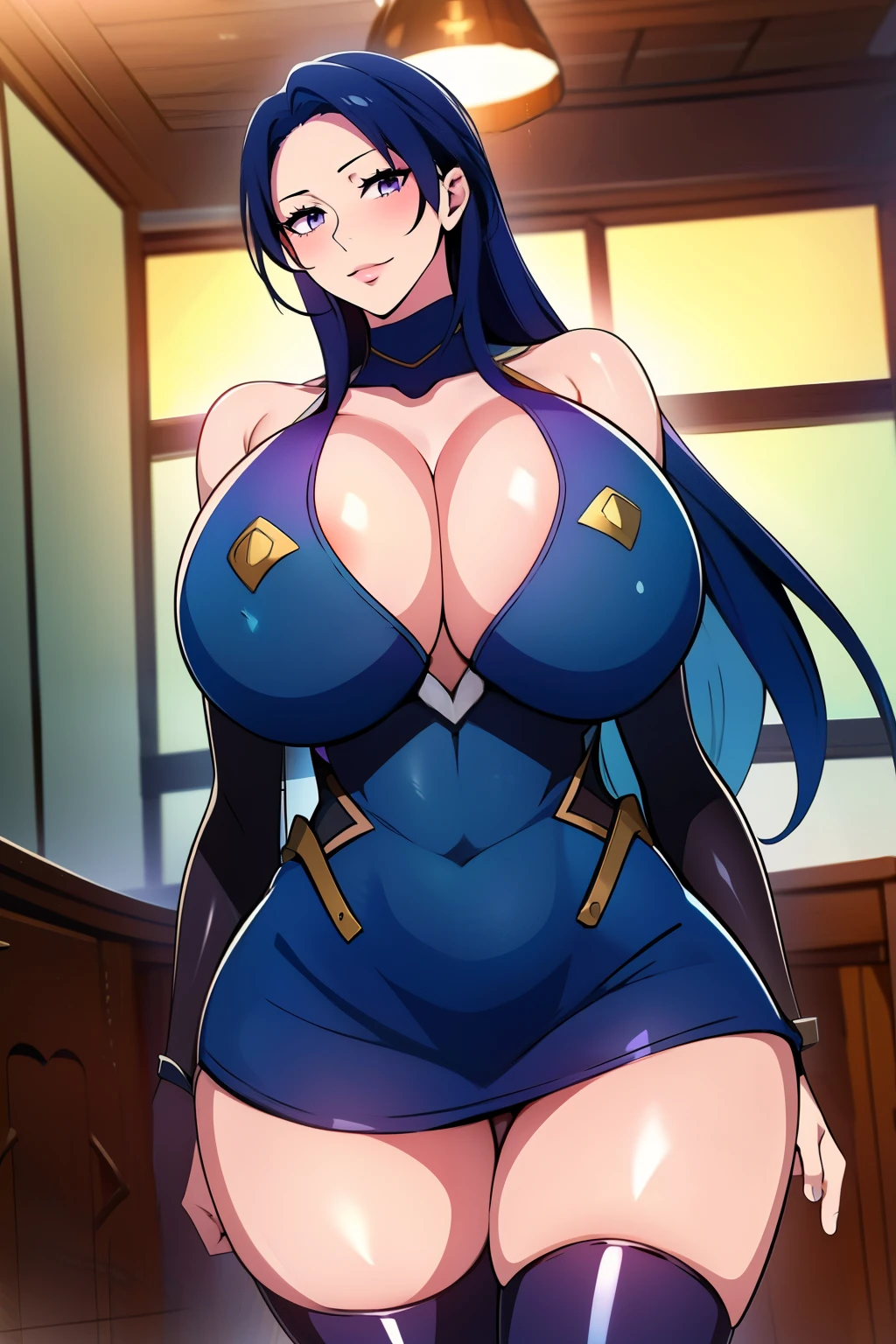 An anime-style artwork depicting Akiyama_Rinko from the game taimanin.
Tags: Akiyama_Rinko, anime, detailed eyes, detailed lips, ass, Akiyama_Rinko, (blue hair:1.4), purple eyes, bare shoulders, miniskirt, turtleneck,curvy, thighs, higheels, midriff, shiny clothes, cleavage, skin tight, long hair, solo, huge breasts, (violet eyes), smiling expression, intense gaze, dynamic pose, indoor, palace, vibrant colors, digital art, high-resolution, professional quality, gigantic breasts, curvy, cowboy shot, (gigantic breasts: 1.4)