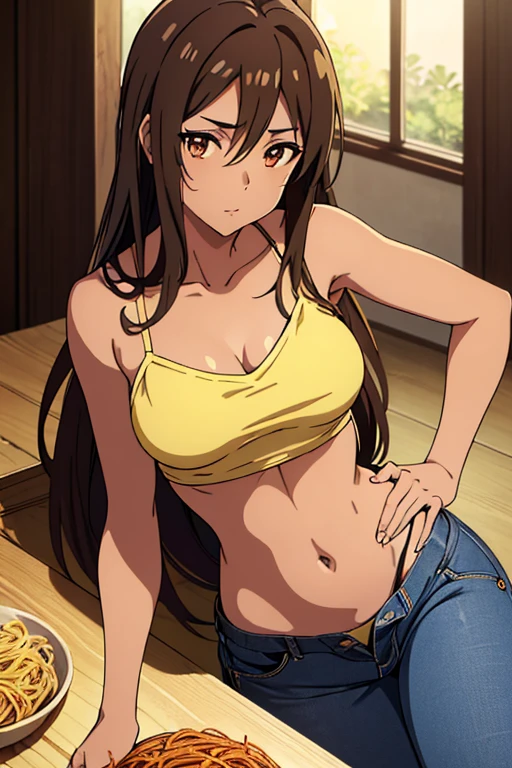 ((best quality)), ((masterpiece)), (detailed), perfect face, brown skin anime girl in a deep V Neck crossover spaghetti strap backless cami top, (jeans trousers), famished in hunger, (gently resting hands on stomach), (long hair), (hands on her stomach)