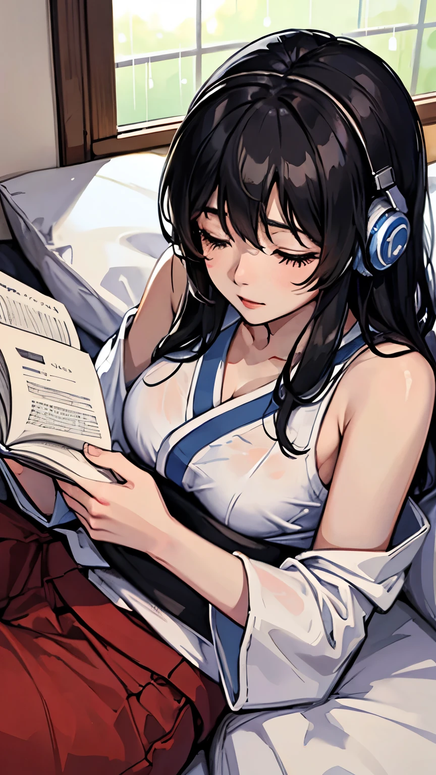 room、rain、beautiful girl、Headphones、reading、Close ~ eyes、Black Hair、Japanese anime style、Lie down in bed、Large windows