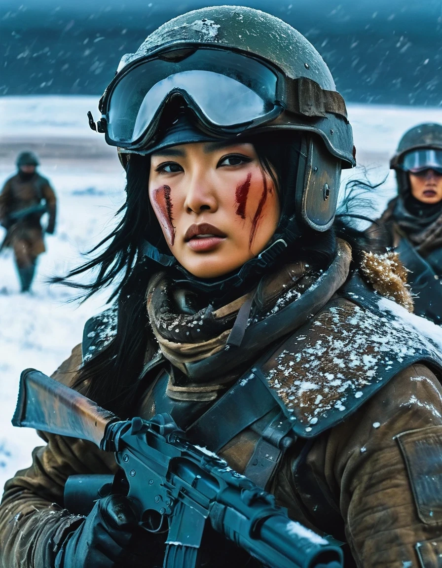 wasteland, Asian female warrior sci-fi future fantasy，helmet，Goggles，Blood on the face，Injuried，old，Tragic，Tragic，Movie Stills，Siberia，Vast wasteland，Snow everywhere，Cold night，sci-fi art, in style of Amedeo Modigliani，fighting，War，A lot of fighters，background：Army Group Battlefield，