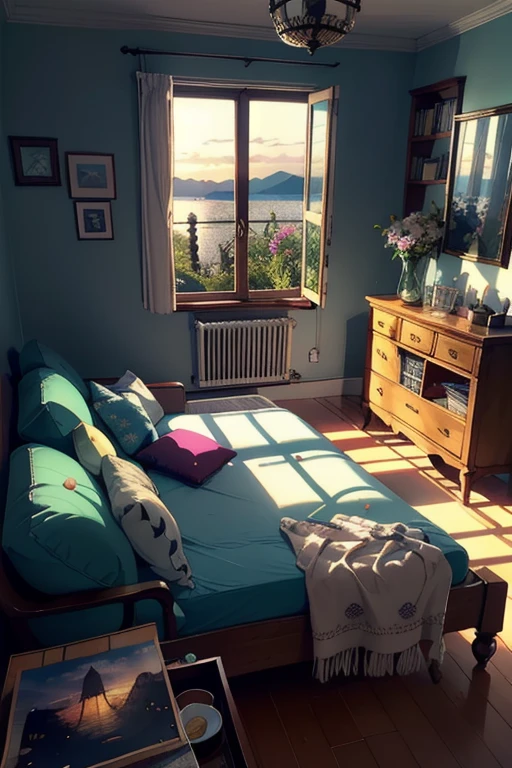 A masterpiece, an exquisite view from a large window, shelves with books, watercolor paintings, paintings on the walls, a fireplace, chic furniture, gold elements, figurines, pots with branches, bottles, glasses, cups, plates, crystal, a chest of drawers, a sideboard with a variety of books, dishes, a dreamcatcher, a neon garland, a multi-colored garland, highlights, an exquisite interior, a view from the window, a bridge, the sea, mountains, sunset, a city, neon light, night, a bed, a sofa, pillows, sconces, flowers, daylight, bright room, illuminated room, lots of light
