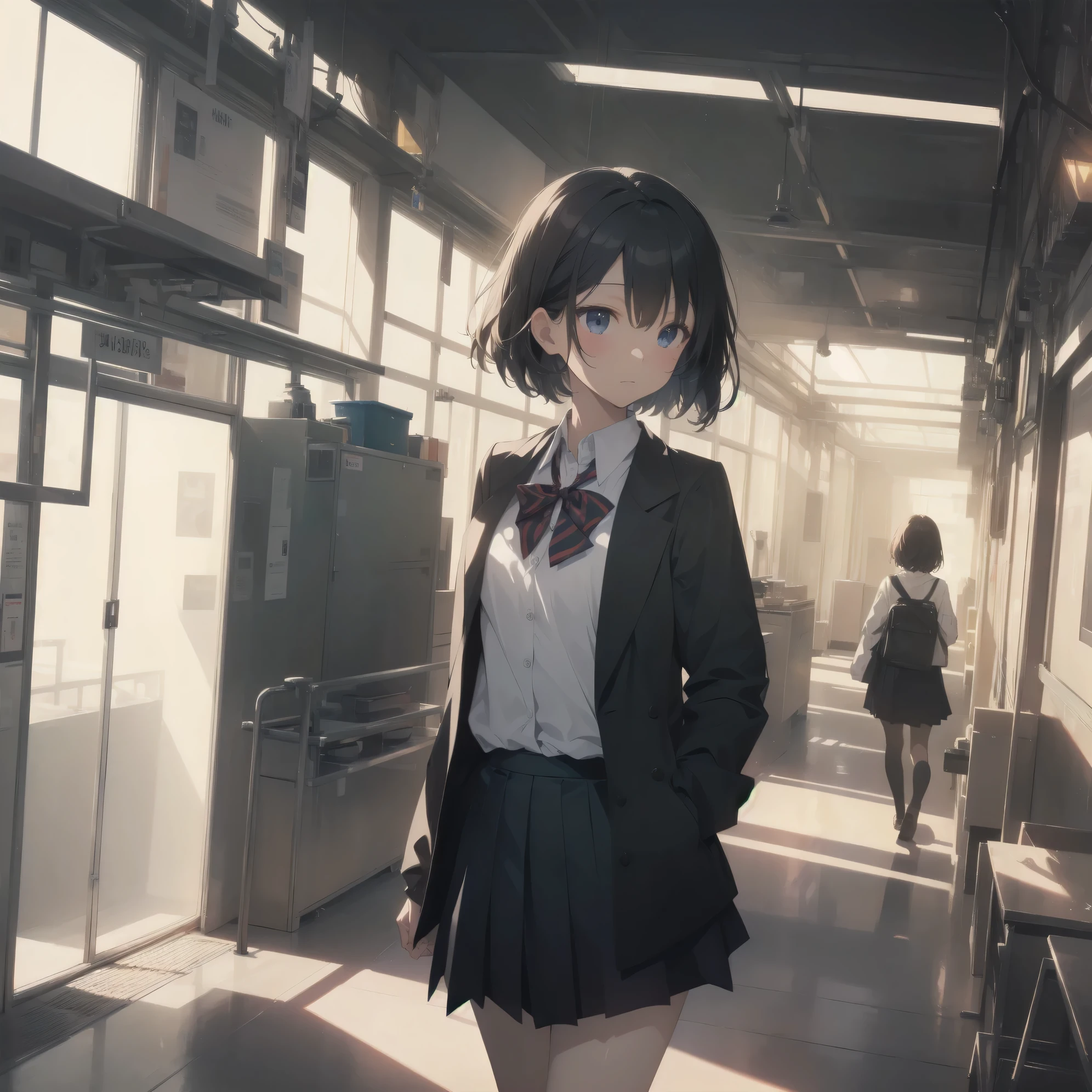 ultra-absurdres-Top quality by artist God, ultra-detailed, high resolution, anime moe artstyle, best anime 8k konachan wallpaper, pixiv contest winner, pool:2810, perfect anatomy,break, 1girl, (Please draw a girl walking sleepily to school alone. )break,(Solo,little female, 13-year-old:1.3),Full limbs, complete fingers,a junior high school student, (very short hair), short cut, flat chest, , small butt, small black eyes, beautiful detailed eyes, well-proportioned iris and pupils, expressive eyes, highres detailed hair, soft expression, school_uniform, bowtie, collared shirt. pleated skirt,(Detailed Lighting), (Detailed background), in the School commute route. break,super detailed skin, Best cinematic lighting powered by famous artist, 8k,beauty illustration,photoshop_(medium),very aesthetic,break,((artist:dd_(ijigendd) )), artist:bolze ,artist:oyari ashito ,artist:kantoku ,