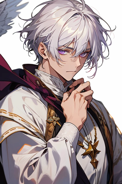 1 man, tranquility, age 35, face, short messy bangs, White hair, amethyst colored eyes, (white clothes, simple clothes), Close-up, medieval times, merchant.