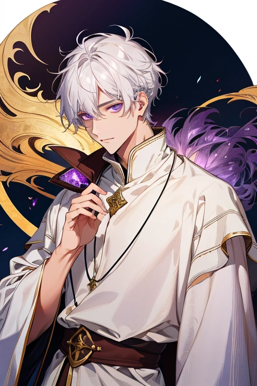 1 man, tranquility, age 35, face, short messy bangs, White hair, amethyst colored eyes, (white clothes, simple clothes), Close-up, medieval times, merchant.