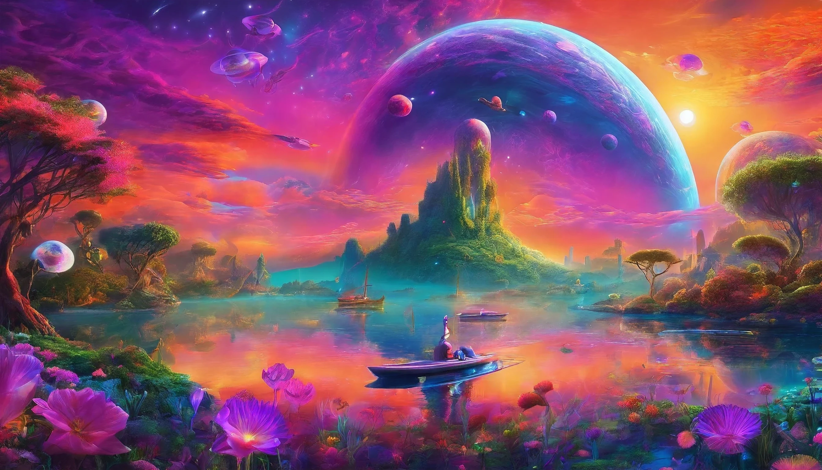 Imagine a planet year is 2251 
Future is beautiful, peaceful, filled with plants and strange flowers all over, sunset has planets in the sky, colorful purple, neon green and orange, cyberpunk style, widescreen 8k, hyper realistic, reflection of water, with floating jellyfish and large mushrooms, large roses, with a huge ufo flying in the sun. 