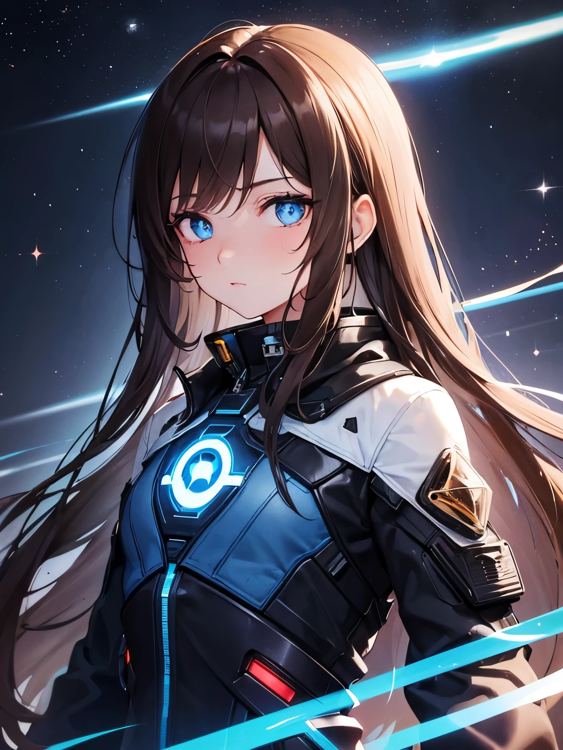 beautiful, 1boy, cute boy, brown hair, long hair, striking eyes, blue irises, trap, cyberpunk, science fiction, upper body, space, stars, night, sky, black pupils, feminine figure, cute face