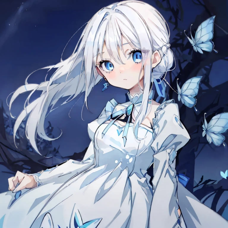 White Hair,Long Hair,ponytail,Blue Eyes,Sharp Eyes,gem,dress,パーティーdress,Blue Butterfly,Ample breastature,Night view,Twilight,gem,gorgeous