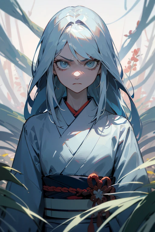 (realista), (olhos brancos), (cabelo branco), (cabelo comprido), (detalhado), (mulher alta), (vestindo kimono), (Counterfeit-V3.0), (closed menacing gaze), (expressionless face), (floresta ao fundo)