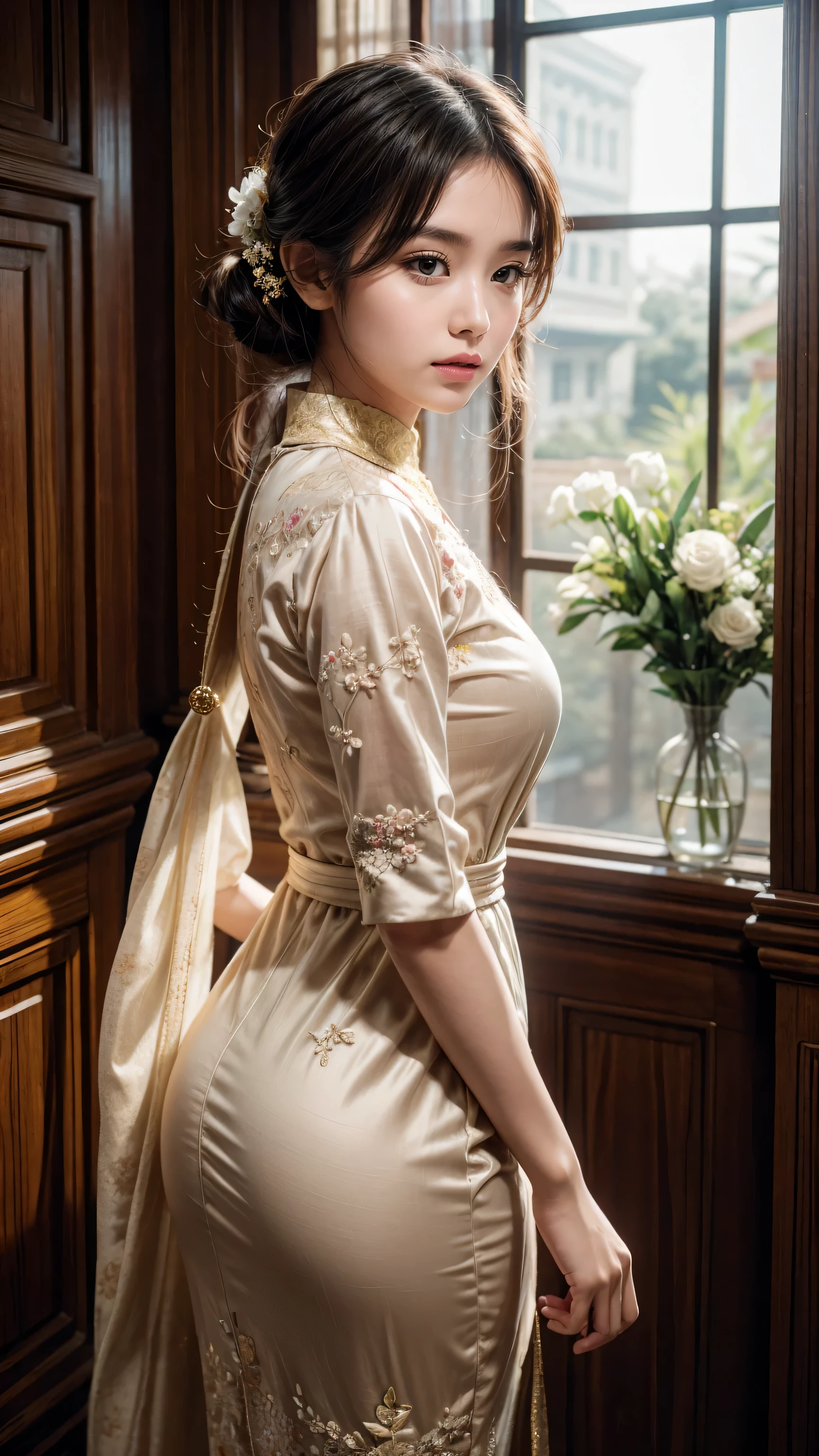 Myanmar girl big ass Myanmar dress floral very detailed, Soft light glow effect, cinematic look, beautiful hair