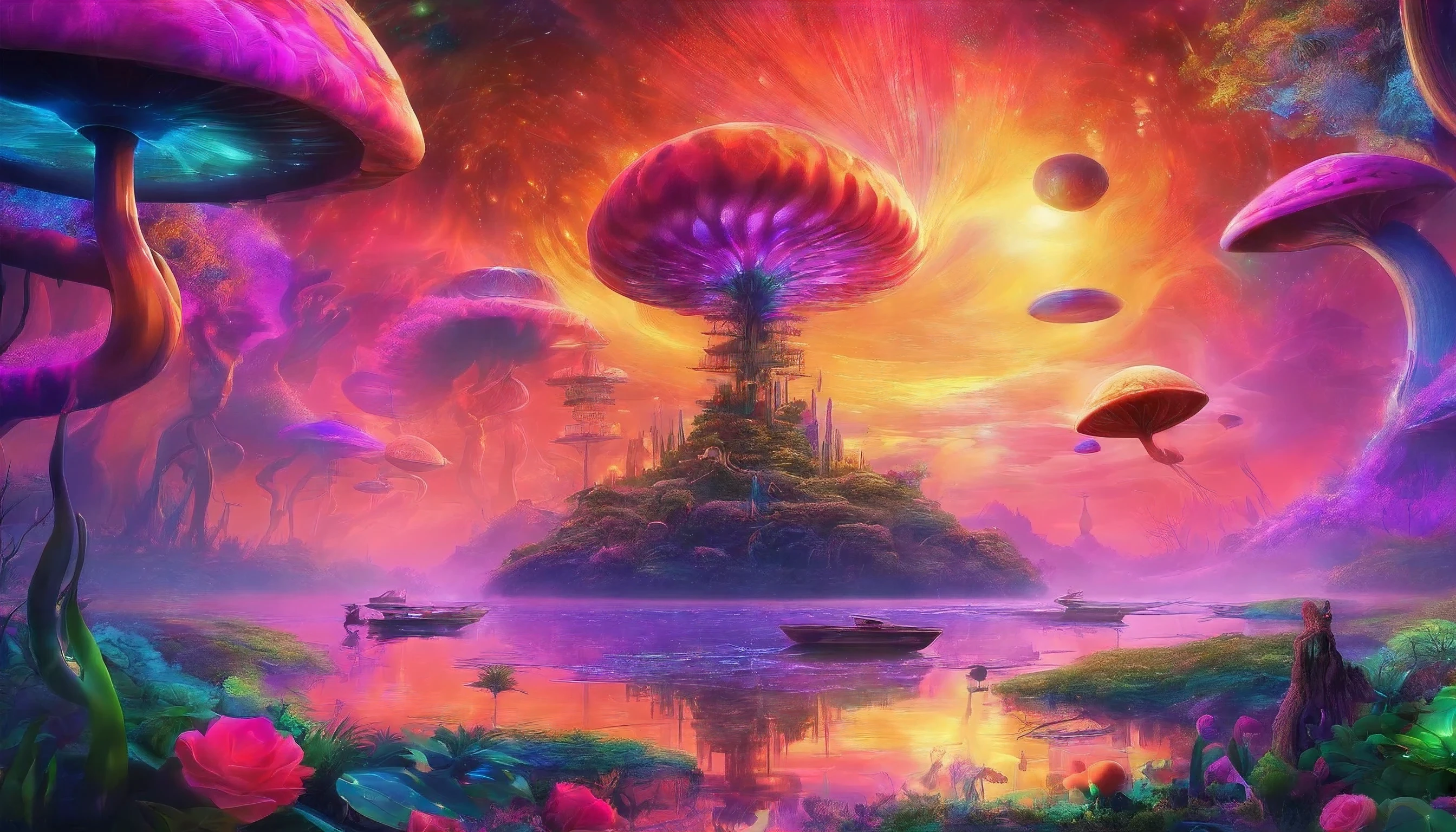 Imagine a planet year is 2251 
Future is beautiful, peaceful, filled with plants and strange flowers all over, sunset has planets in the sky, colorful purple, neon green and orange, cyberpunk style, widescreen 8k, hyper realistic, reflection of water, with floating jellyfish and large mushrooms, large roses, with a huge ufo flying in the sun. 