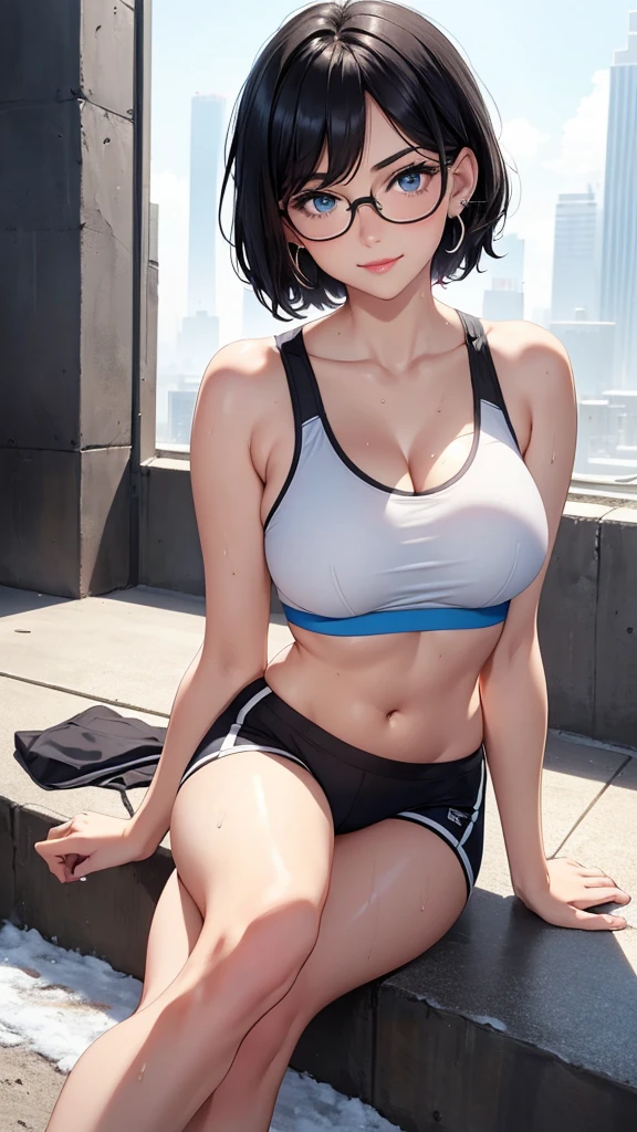 beautiful girl, 18 years old, Short hair, shoulder length , black hair, blue eyes, big breasts, exercise clothes, white bra, Tight white shorts,Wet with sweat, Sitting with legs spread , wear glasses, wearing star earrings, snow, Smile, close your mouth, camel toe, red lips 💋,