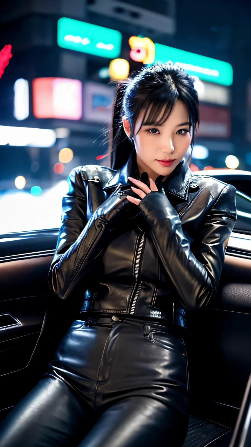 black leather rider jacket, Office in the Dark, Black leather gloved fingertips on both hands,Wearing black leather gloves,Sitting in a black leather chair、 Japanese female new recruits (Black leather gloves cover both hands) (The angle is horizontal)、Black Leather Pants,Black Leather Black Leather Pants,Black Leather Skinny Pants、Long black leather boots on both feet、Black hair ponytail ((He wears black leather gloves on his hands))Full Body Photo,full body shot full body full body leather suit,☺If you turn in this direction。Wearing black leather gloves,Wearing black leather gloves,Wearing black leather gloves,Wearing black leather gloves,Wearing black leather gloves,Wearing black leather gloves,黒のレザーパンツが美しい😍黒のレザーパンツが美しい😍黒のレザーパンツが美しい,😍Smiling while looking at me,City lights、((Neon Cyberpunk City Street:1.3))、(Neon Light)、Detailed lighting、
Best image quality、Ultra-high resolution、(realism:1.4)、Korean Beauty Star、The most beautiful KPOP stars、face、Horny Korean Makeup、A body that makes you want to touch it、Realistic leather texture、Costume made of smooth leather fabric、The drape of the curved parts of the leather fabric、The costume is very shiny、Quality of the costume、8K Photo Quality