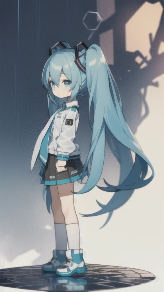 best quality, chibi, 1 girl,  miku, Hatsune Miku, (full body), Pure white background,Vivid,clearly,sad face,rain