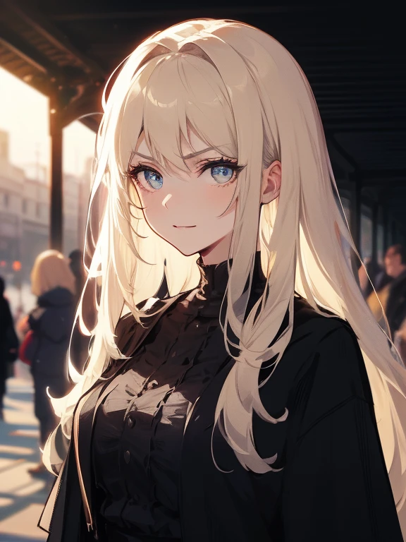 (masterpiece), (best quality), ultra high res, sharp focus, warm pastel tone, ((1 mature woman, solo)), upper body, medium long shot, MLS, black effect, beautiful detailed hair, messy long hair, beautiful detailed face, ((beautiful shapes of eyes)), perfect feminine face, serious face, look at the viewer, smirk, in the crowds, (background blur), style raw --1