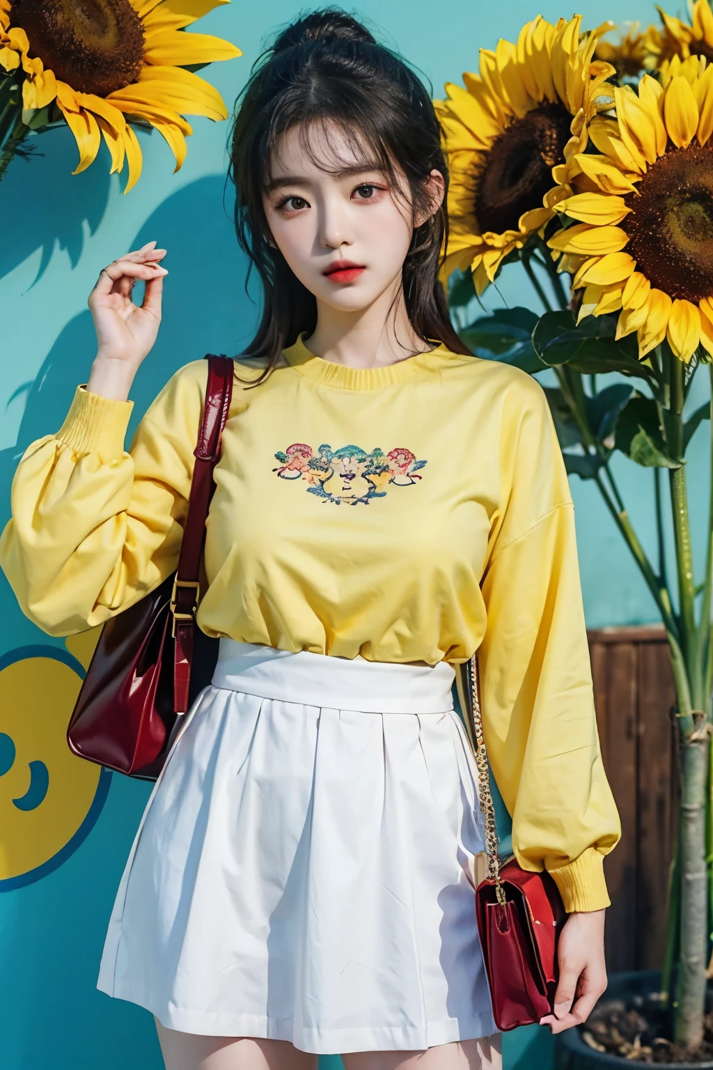 Anime girl wearing trendy Korean fashion and holding a yellow bag, artwork in the style of Guweizu, Guweizu, style art manure, beautiful sunflower anime girl, Art Jereum and A.T. Gailan, Smooth animated CG art, in Art German’s style, High-quality animation artstyle, Art German’s style, goddess of summer
