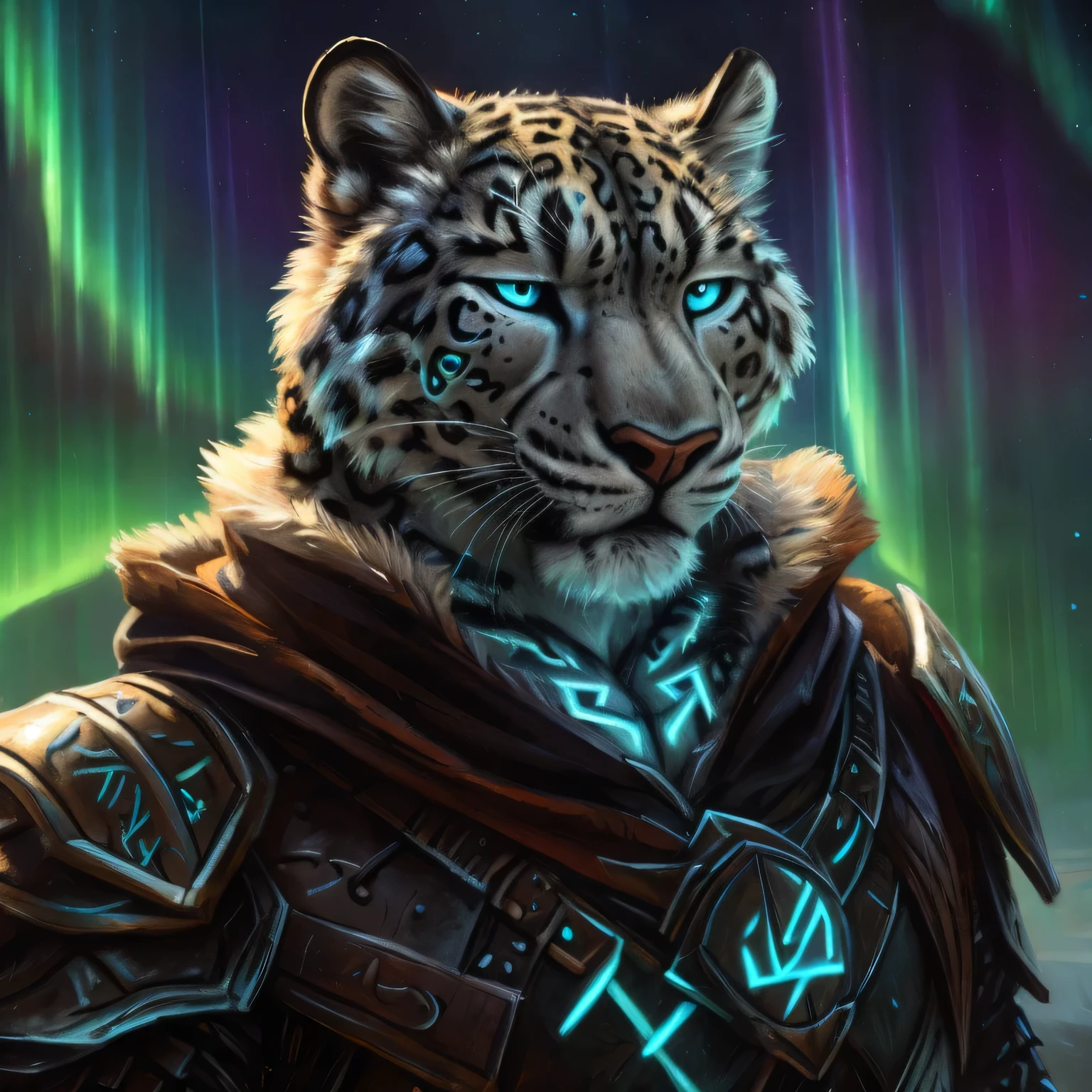 4k, high resolution, best quality, perfect colors, perfect shadows, perfect lighting, bright fill light, ((correct anatomy)), (photorealistic fur, detailed fur, epic, masterpiece:1.2), (by blotch, by kenket, by blackteagan), handsome face, perfect face, (((anthro snow leopard))), blue eyes, muscular build, tall, (wearing runic armor), GlowingRunes_paleblue, closeup, chest-up portrait, fur_lined_cloak, nordic armor, rune face tattoo, aurora borealis background, (face tattoo)