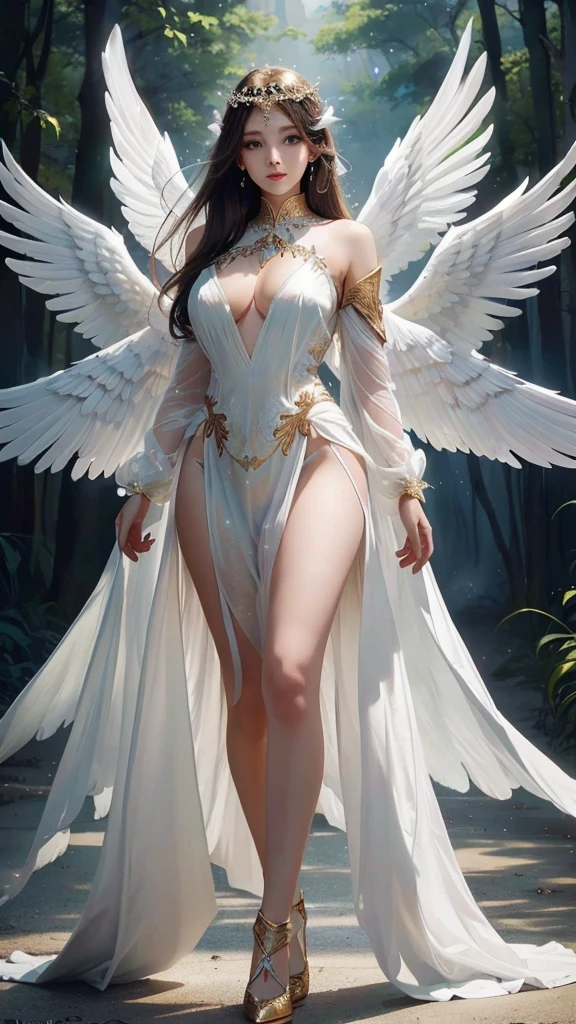 Woman in white dress with wings and gold jewelry, Fully majestic angel, tall female angel, beautiful female angel, mighty angel wings, super wide angel, Like a mysterious Valkyrie, Angel wings on her back, beautiful angel, fairy knight girl, large angel wings, anime goddess, beautiful goddess, movie goddess images, beautiful angelic wings, of beautiful angel, twelve angel wings, intricate wings